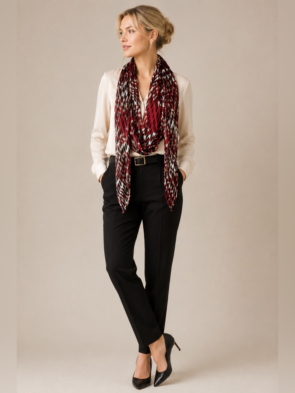 Chico’s NWT Graphic Grid Angled Oblong Scarf Red Black Silk Blend